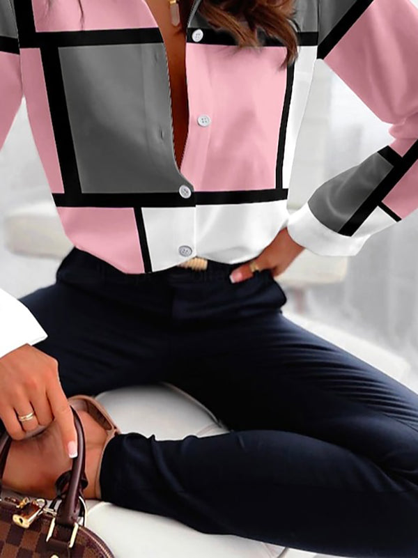 Long Sleeves Loose Buttoned Contrast Color Plaid Lapel Blouses&Shirts Tops