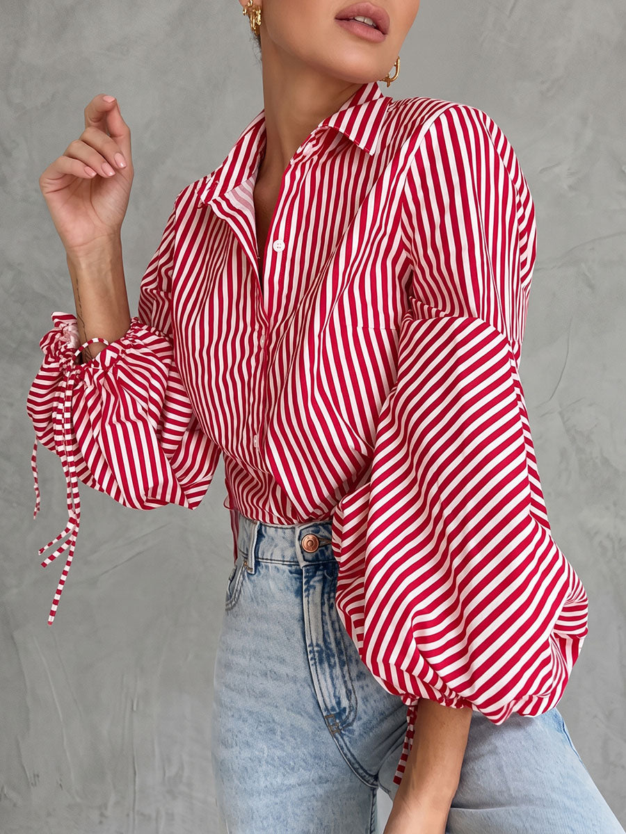 Striped Split-Joint Drawstring Buttoned Puff Sleeves Loose Lapel Blouses&shirts Tops