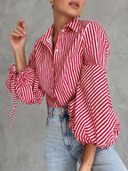 Striped Split-Joint Drawstring Buttoned Puff Sleeves Loose Lapel Blouses&shirts Tops