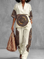 Printed Contrast Color Loose Half Sleeves V-neck Blouses&shirts Tops
