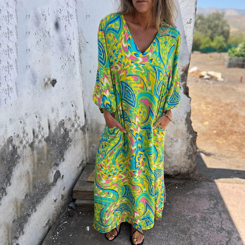 Bohemian V-Neck Abstract Printed Maxi Dress