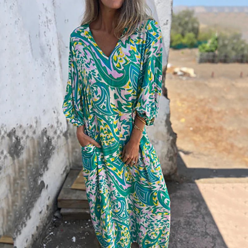 Bohemian V-Neck Abstract Printed Maxi Dress