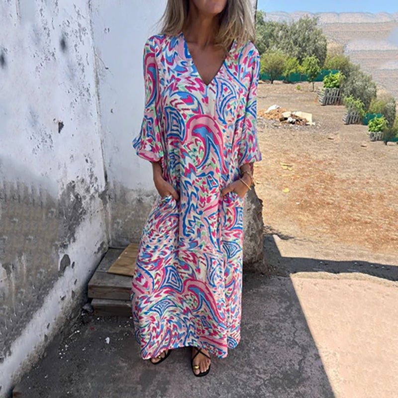 Bohemian V-Neck Abstract Printed Maxi Dress