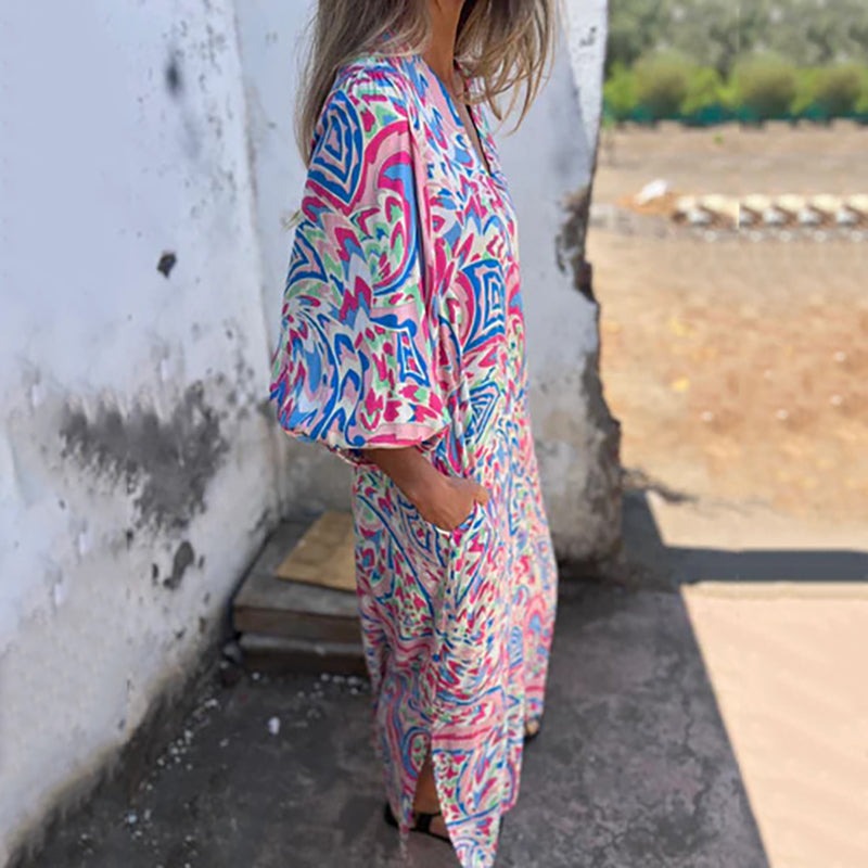 Bohemian V-Neck Abstract Printed Maxi Dress