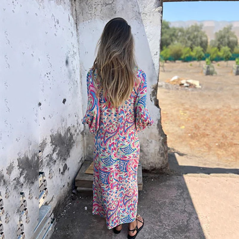Bohemian V-Neck Abstract Printed Maxi Dress