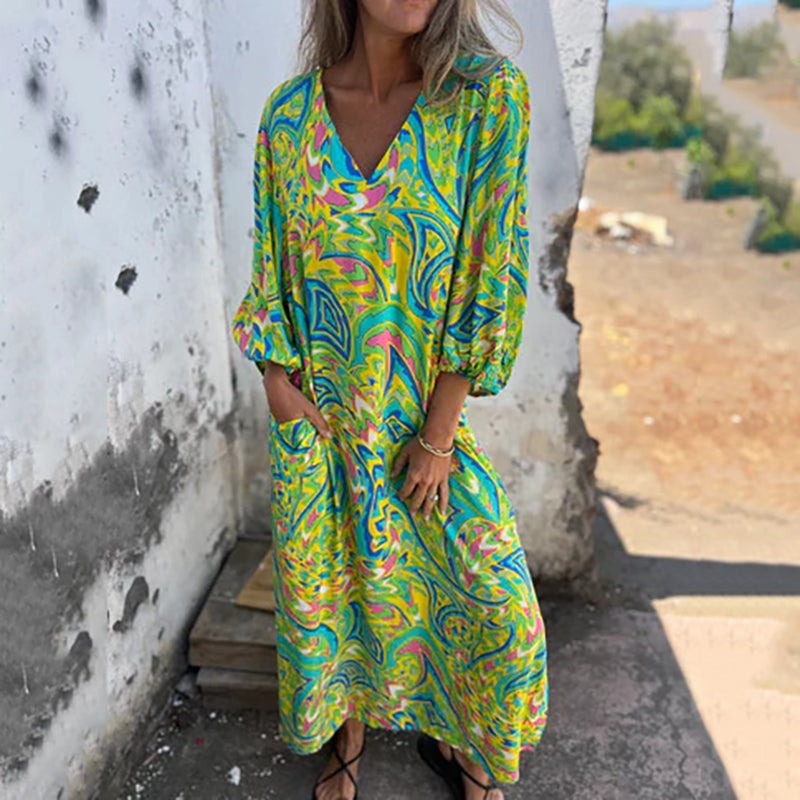 Bohemian V-Neck Abstract Printed Maxi Dress