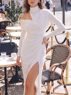 Asymmetric Pleated Solid Color Split-Front Split-Joint Split-Side High Neck Midi Dresses