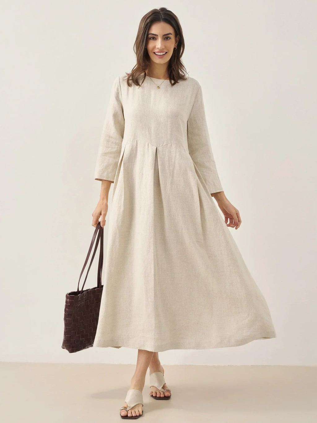 100% Linen Bateau Neck Pleated Maxi Dress