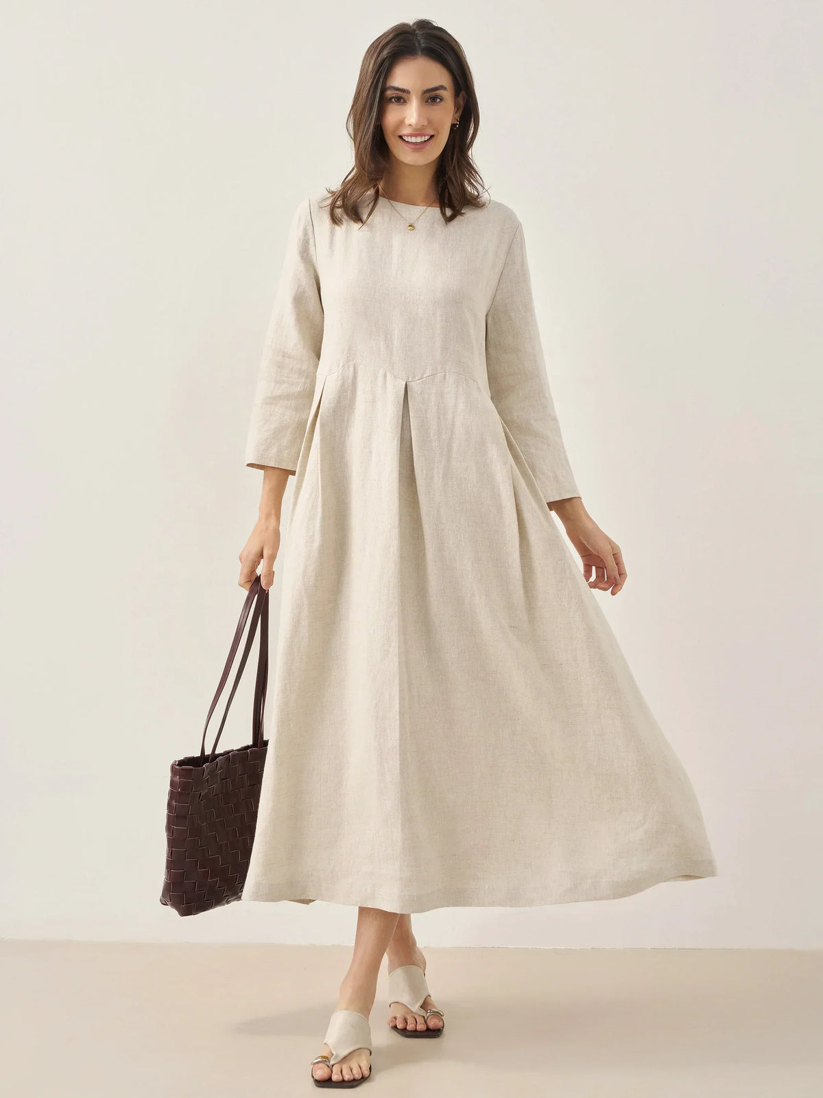 100% Linen Bateau Neck Pleated Maxi Dress