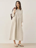 100% Linen Bateau Neck Pleated Maxi Dress
