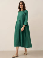 100% Linen Bateau Neck Pleated Maxi Dress