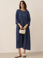 100% Linen Bateau Neck Pleated Maxi Dress