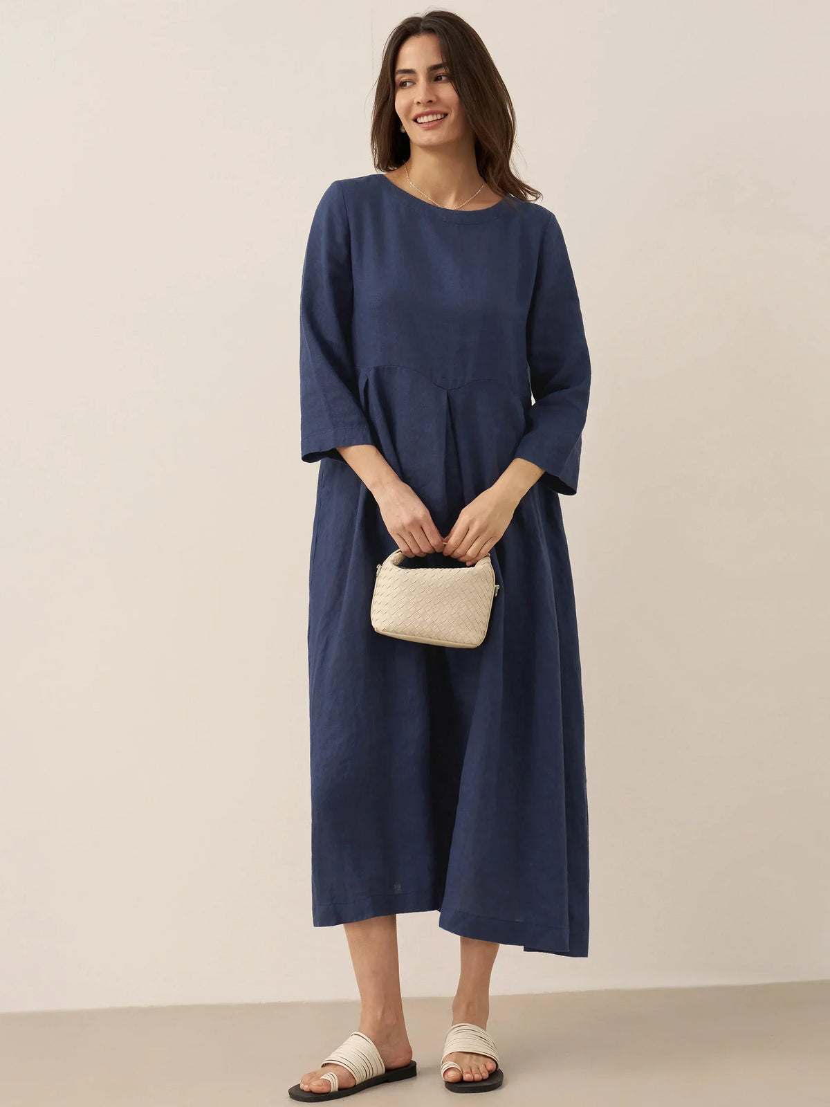 100% Linen Bateau Neck Pleated Maxi Dress