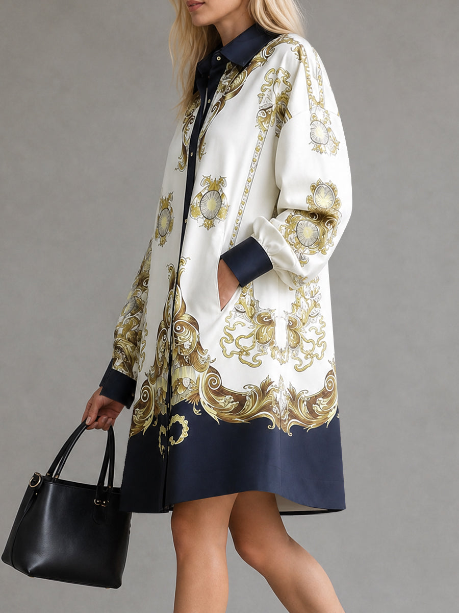 Printed Pockets Buttoned Loose Long Sleeves Lapel Mini Dresses