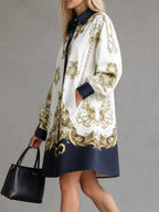 Printed Pockets Buttoned Loose Long Sleeves Lapel Mini Dresses
