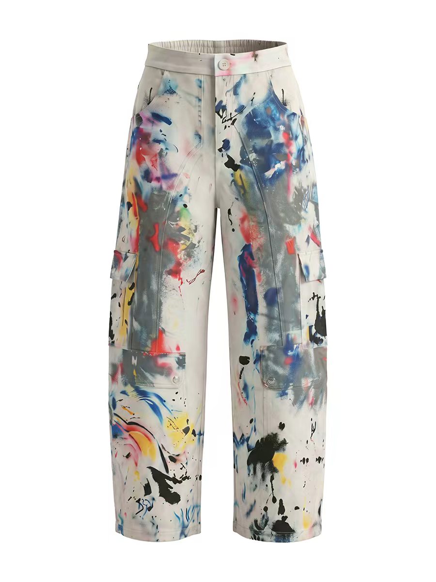 Pockets Graffiti Printed Contrast Color Buttoned Wide Leg High Waisted Trousers Pants
