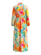Printed Pockets Pleated Contrast Color Buttoned Long Sleeves A-Line Lapel Shirt Dress Maxi Dresses