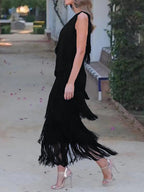 Loose Sleeveless Asymmetric Solid Color Split-Joint Tasseled One-Shoulder Maxi Dresses