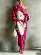 Pockets Flower Print Asymmetric Three-quarter Sleeves Loose One-shoulder Maxi Dresses