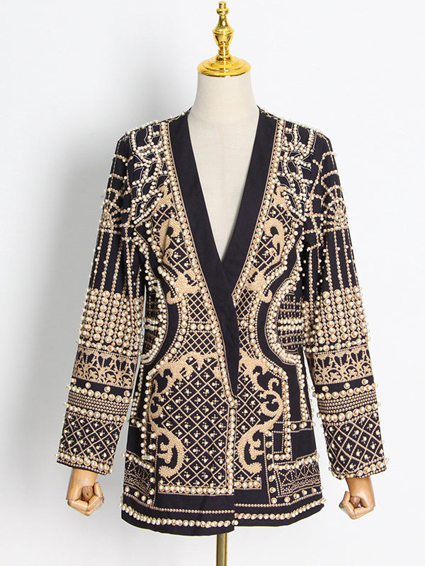 Long Sleeves Loose Beads Printed V-Neck Blazer Outerwear(Size is larger than normal.)