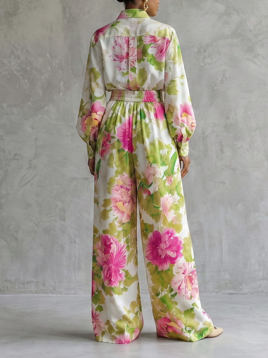 Flower Print Contrast Color Buttoned Loose Long Sleeves Lapel Blouses&shirts Tops