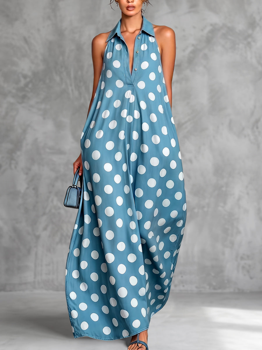 Polka Dot Pleated Contrast Color Buttoned Sleeveless Loose Lapel Maxi Dresses