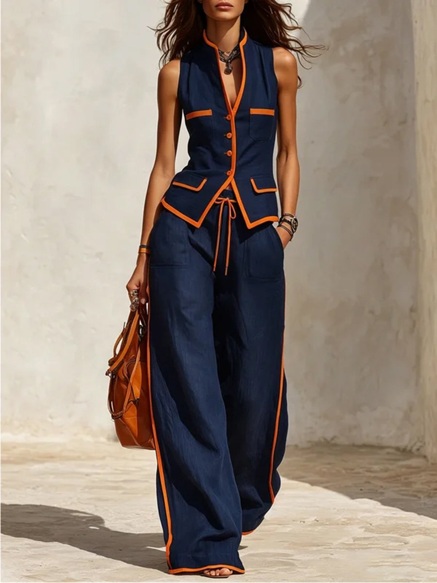 High Waisted Wide Leg Contrast Color Drawstring Pockets Pants Trousers
