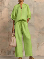 Half Sleeves Loose Drawstring Elasticity Pockets Solid Color Zipper Round-Neck Blouses&Shirts Tops Pants Trousers Two Pieces Set
