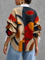 Tiered Split-Joint Figure Contrast Color Buttoned Puff Sleeves Half Sleeves Lapel Blouses&shirts Tops