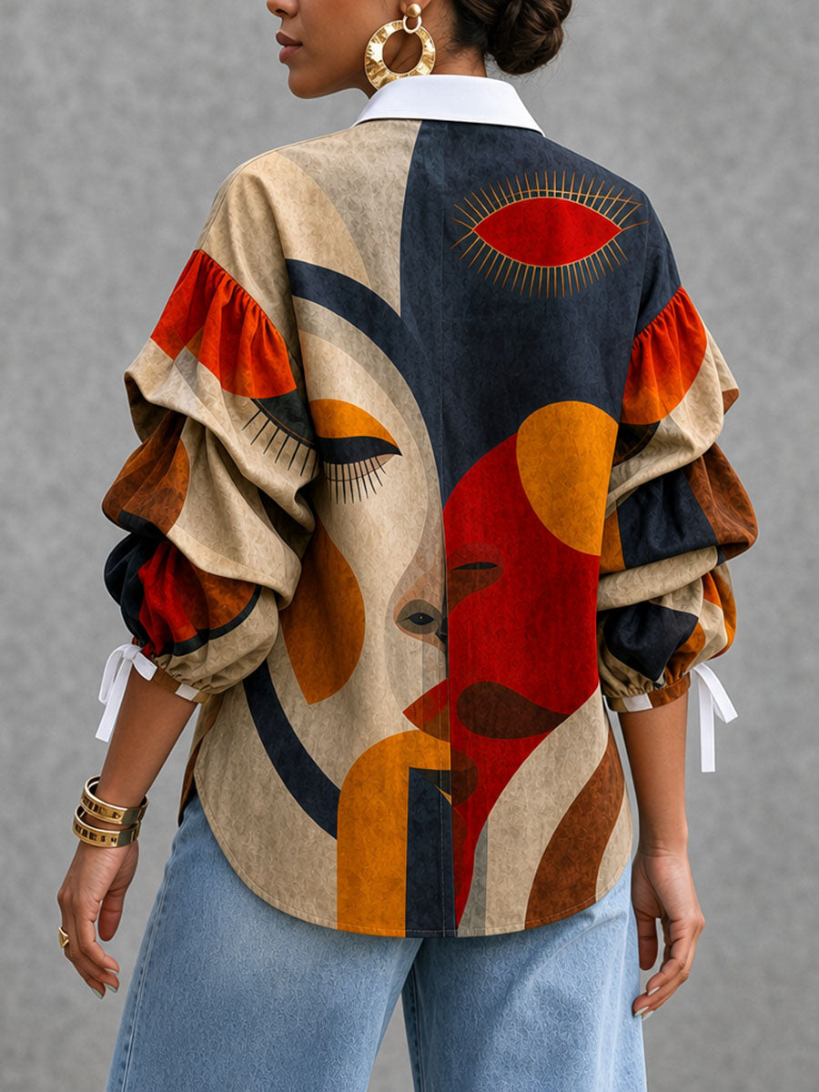 Tiered Split-Joint Figure Contrast Color Buttoned Puff Sleeves Half Sleeves Lapel Blouses&shirts Tops