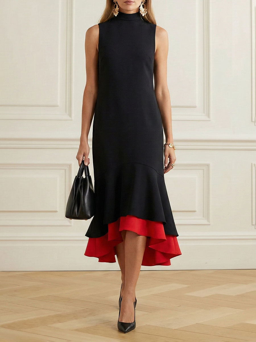 Loose Sleeveless Contrast Color Split-Joint Tiered High Neck Evening Dresses Midi Dresses