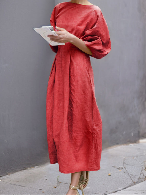 Half Sleeves Loose Solid Color Round-neck Maxi Dresses