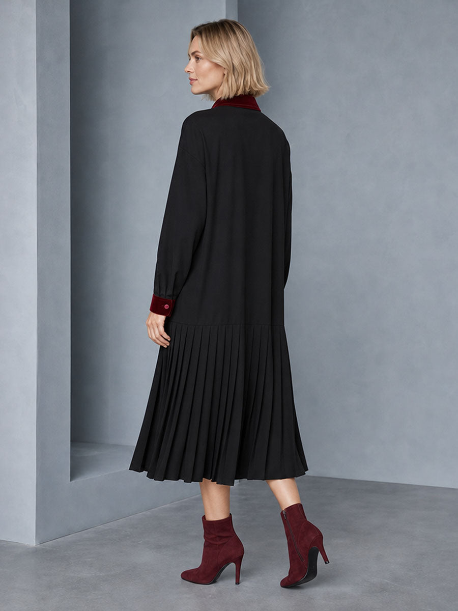Velvet Split-Joint Pockets Pleated Contrast Color Buttoned Loose Long Sleeves Lapel Midi Dresses