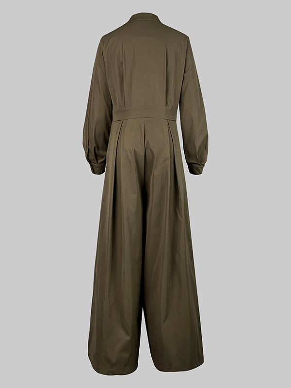 Solid Color No Belt Buttoned Wide Leg Loose V-neck Jumpsuits