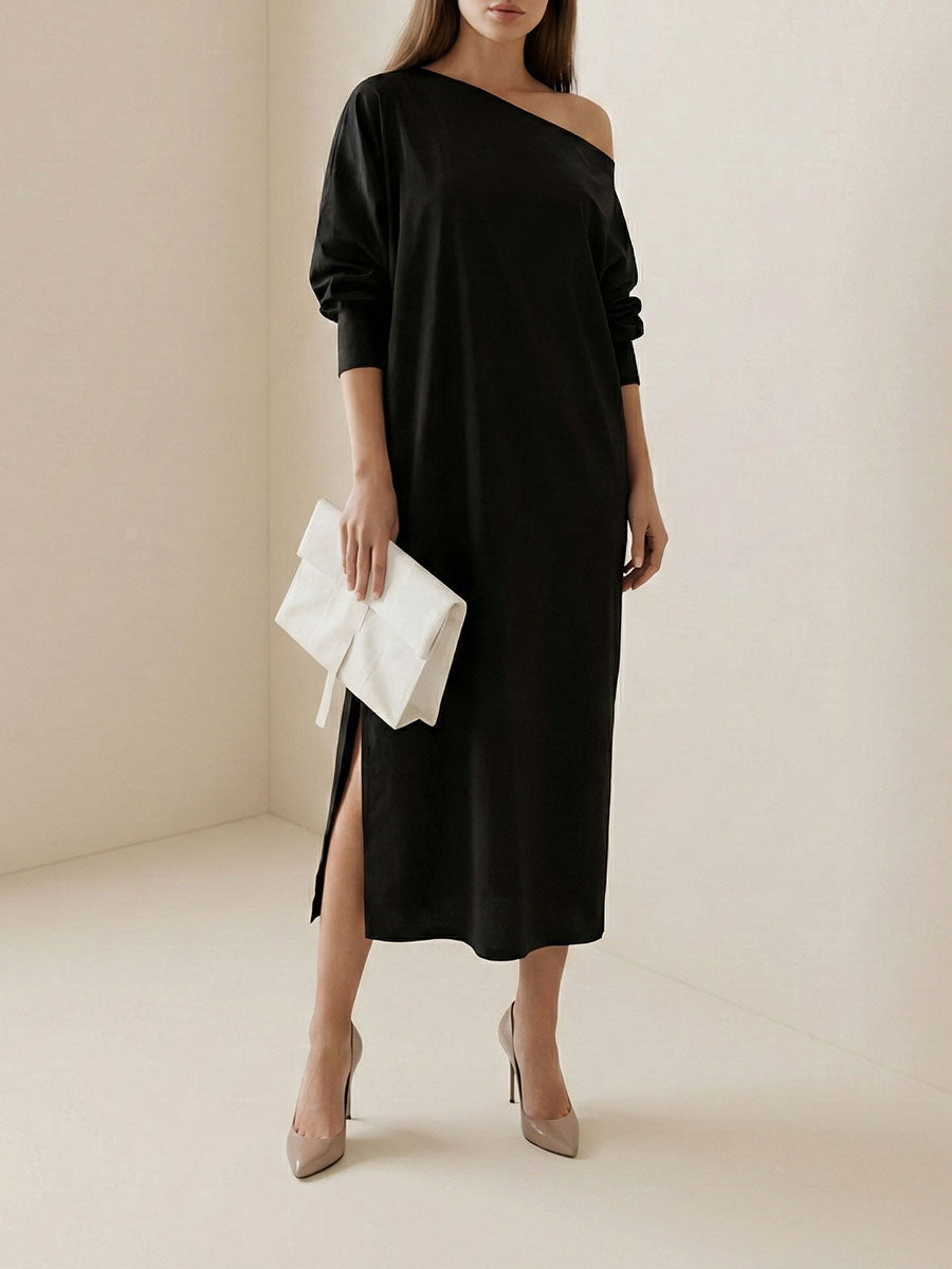 Long Sleeves Loose Solid Color Split-Side One-Shoulder Midi Dresses
