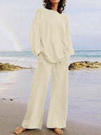 Loose Solid Color Long Sleeves Round-neck Shirts Top + Drawstring Pants Bottom Two Pieces Set