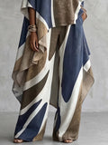 Printed Pockets Contrast Color Wide Leg Loose Trousers Pants