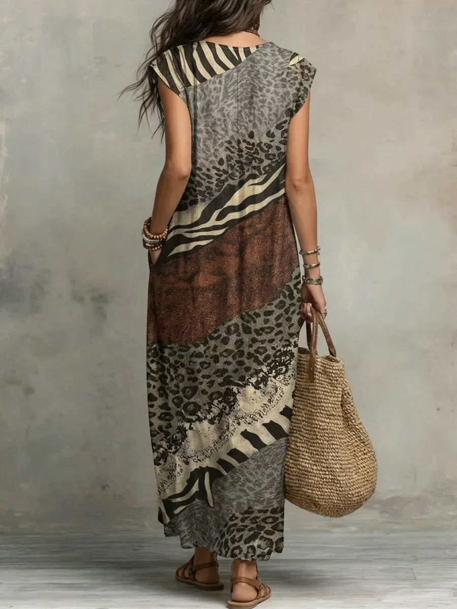 Ruffled Printed Pockets Sleeveless Loose V-Neck Maxi Dresses