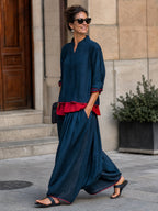 Contrast Color Loose Long Sleeves V-neck Blouses&shirts Tops