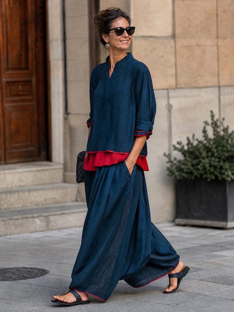 Contrast Color Loose Long Sleeves V-neck Blouses&shirts Tops