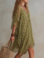 Batwing Sleeves Half Sleeves Asymmetric Contrast Color Leopard Ruffle Trim See-Through Deep V-Neck Mini Dresses