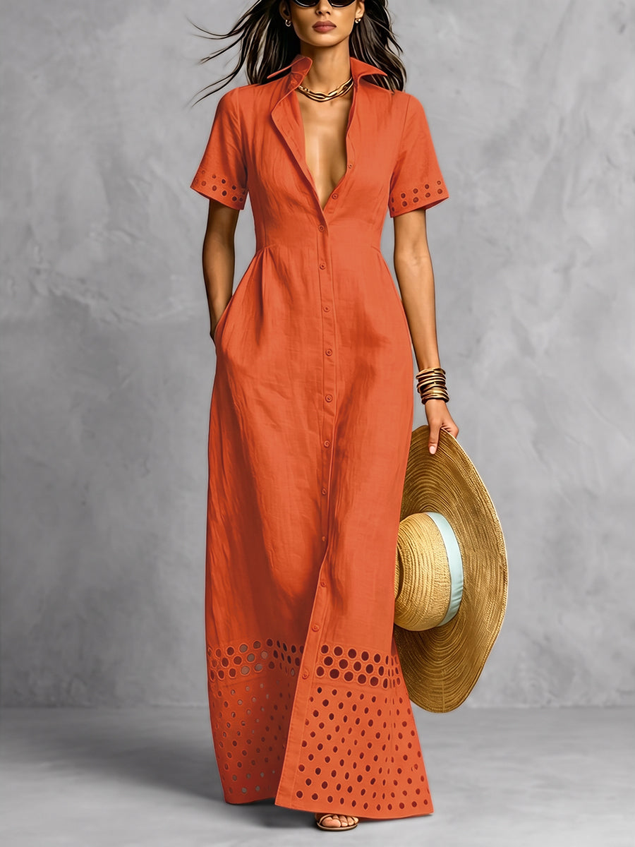 Split-Front Solid Color Pockets Hollow Elasticity Buttoned Short Sleeves Loose Lapel Maxi Dresses