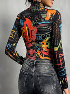 Printed Letter Print Contrast Color Skinny Long Sleeves Mock Neck T-Shirts Tops