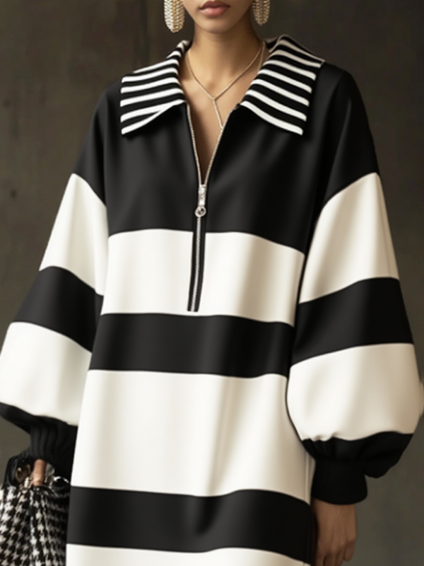 Zipper Striped Contrast Color Puff Sleeves Long Sleeves Lapel Mini Dresses