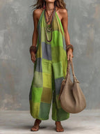 Loose Sleeveless Contrast Color Plaid Halter-Neck Jumpsuits