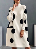 Long Sleeves Loose Pockets Polka-Dot High Neck Midi Dresses