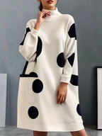 Long Sleeves Loose Pockets Polka-Dot High Neck Midi Dresses