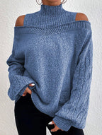 Long Sleeves Loose Hollow Solid Color Split-Joint Cold Shoulder Pullovers Sweater Tops