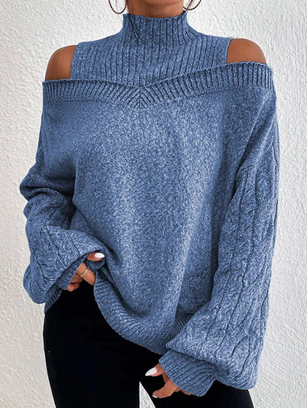 Long Sleeves Loose Hollow Solid Color Split-Joint Cold Shoulder Pullovers Sweater Tops