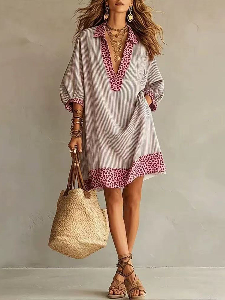 Striped Split-Joint Pockets Leopard Contrast Color Loose Half Sleeves V-neck Mini Dresses